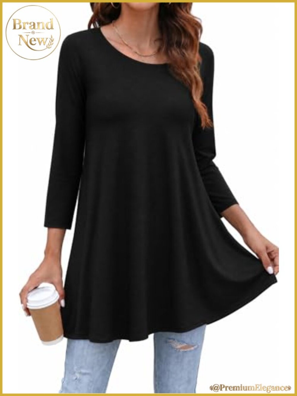 Women 3/4 Sleeve Tunic Blouse with Floral Pattern Long Hip Length Loose Fit